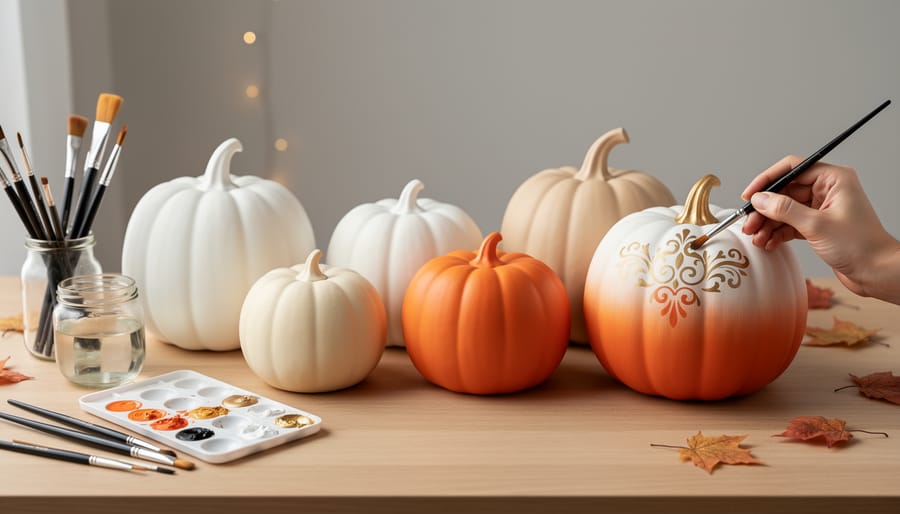 Painted no-carve pumpkin decorating blanks on a porch railing in warm golden-hour light