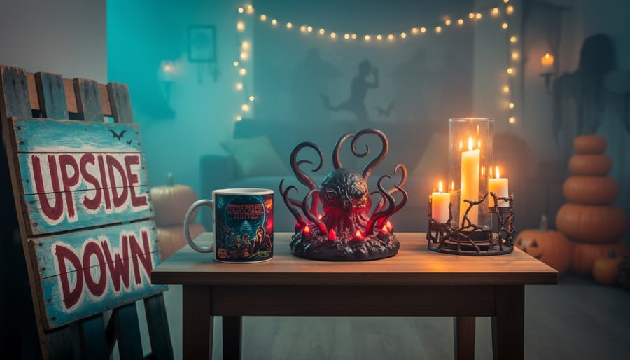 Halloween room scene featuring Stranger Things inspired official-style decor and handmade DIY elements under teal-and-orange lighting with pumpkins and string lights in the background.