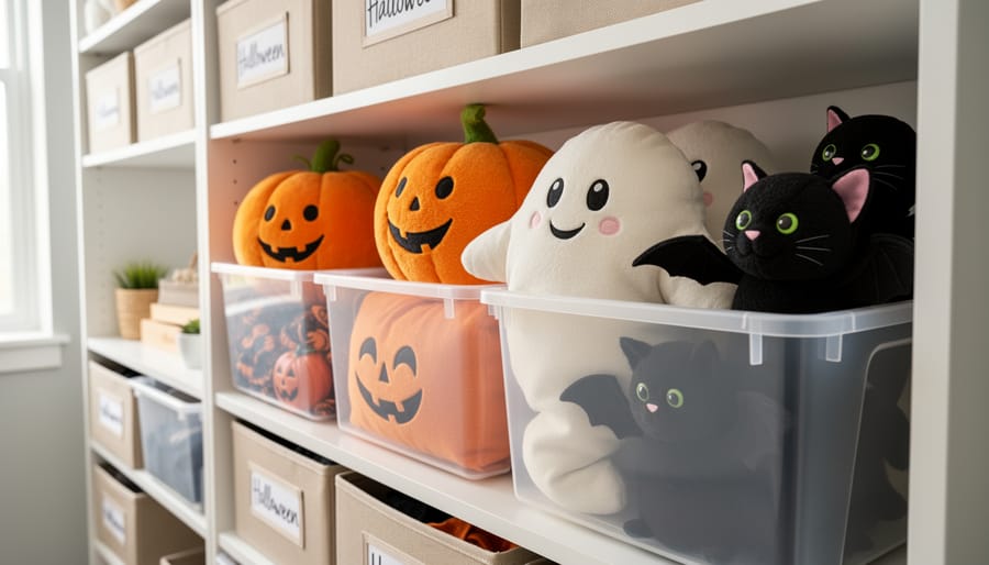 Overhead view of neatly packed cute Halloween storage bins with soft pillows and felt garlands.