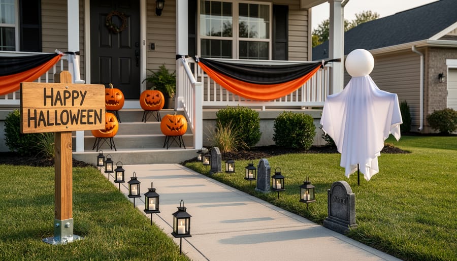 Outdoor yard at dusk showing homemade Halloween decorations anchored in place with LED luminaries and foam tombstones