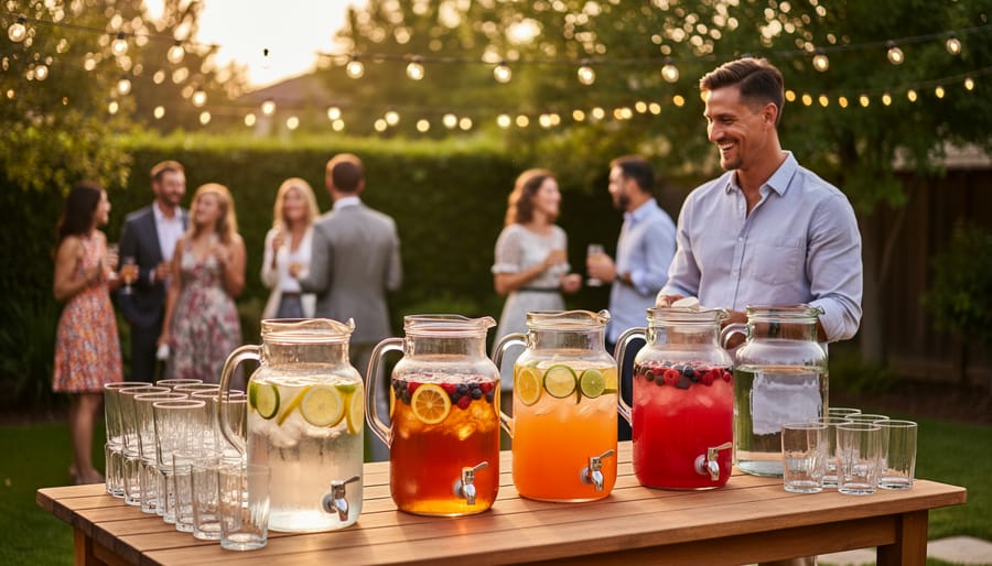 Infused water and batch beverage station with reusable cups on a backyard patio