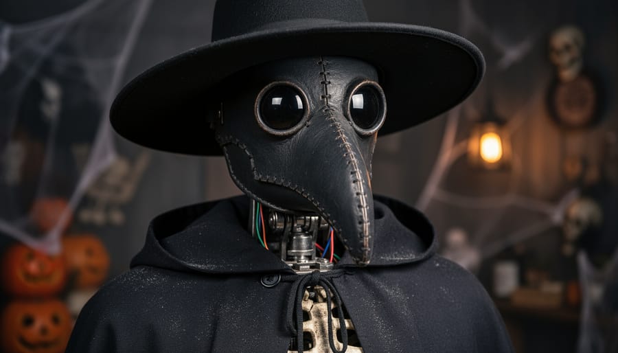 Close-up of a plague doctor themed Halloween animatronic figure with mask details