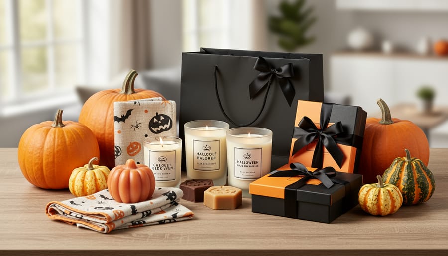 Close-up tabletop scene featuring a Halloween-themed mug and T-shirt with premium lighting and blurred background