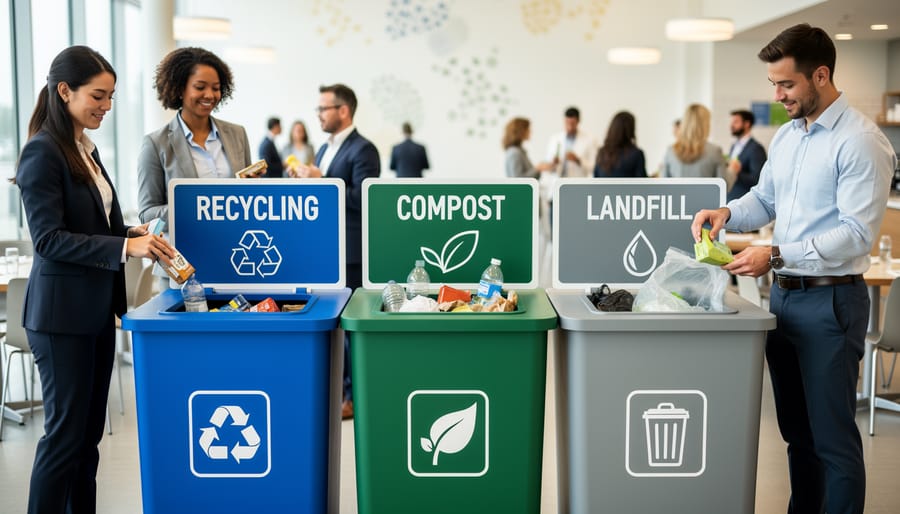 Outdoor waste sorting bins prepared for recycling, compost, and trash during a party
