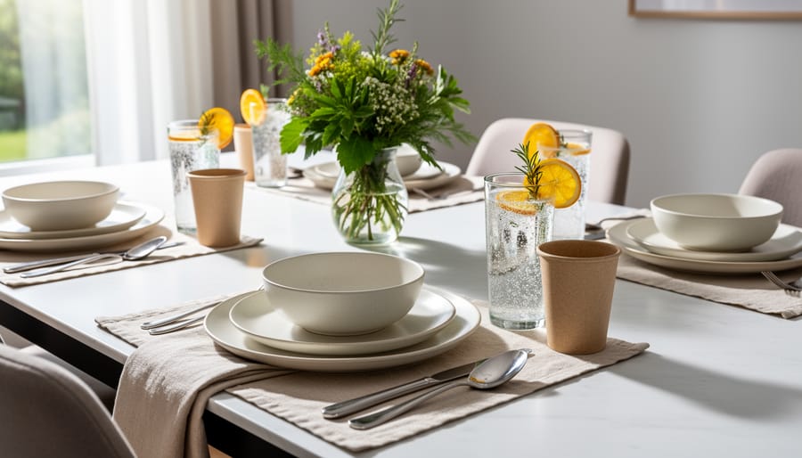 Backyard table with reusable ceramic plates and cloth napkins for an eco-friendly outdoor gathering
