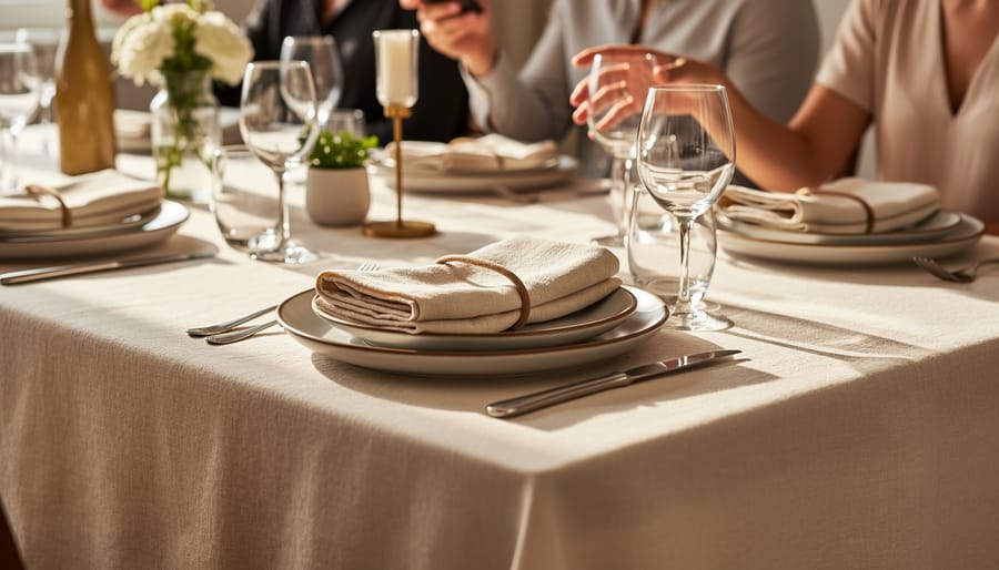 Close-up of linen fabric napkins and tablecloth on an outdoor entertaining table