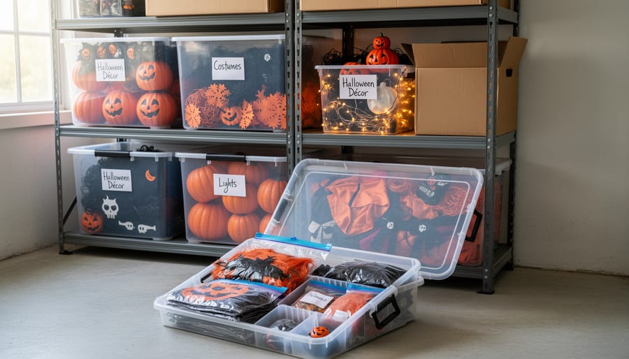 Halloween decorations packed in a clear plastic storage bin next to a battery-operated motion light and spare batteries.
