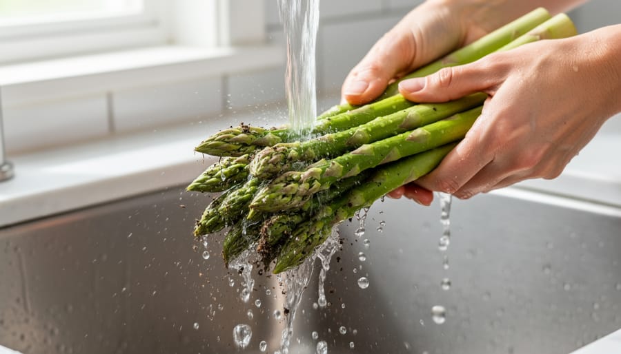 Hands rinsing asparagus in a colander under running water over a sink.