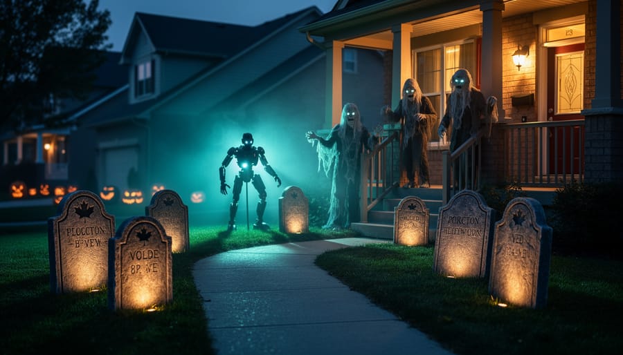 Glowing illuminated tombstones and spooky Halloween figures on a Canadian front porch at night, with pumpkins and a dark yard in the background.