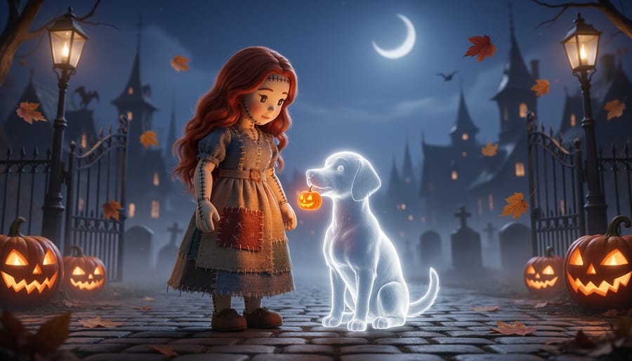 Sally and Zero character décor from Spirit Halloween displayed together indoors or on a sheltered porch.