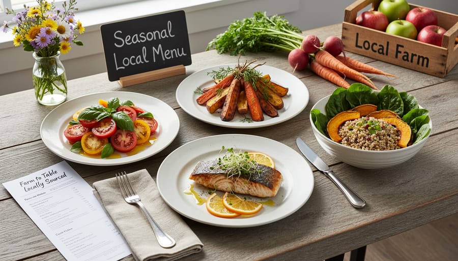 Seasonal produce and fresh herbs arranged on a backyard outdoor table for entertaining