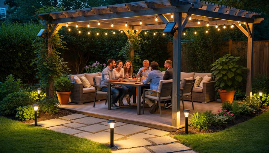 Solar string lights and LED lanterns glowing on a patio during evening entertaining