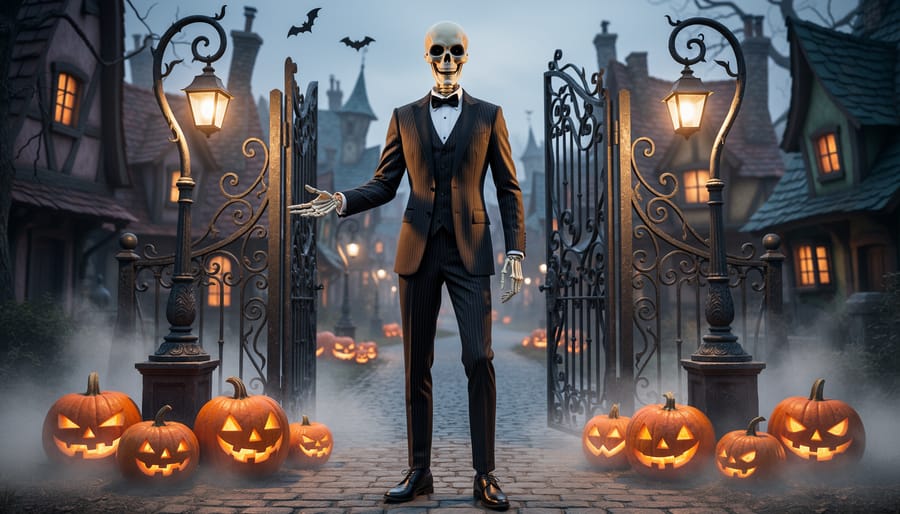 Spirit Halloween Jack Skellington character decor on a porch at night.