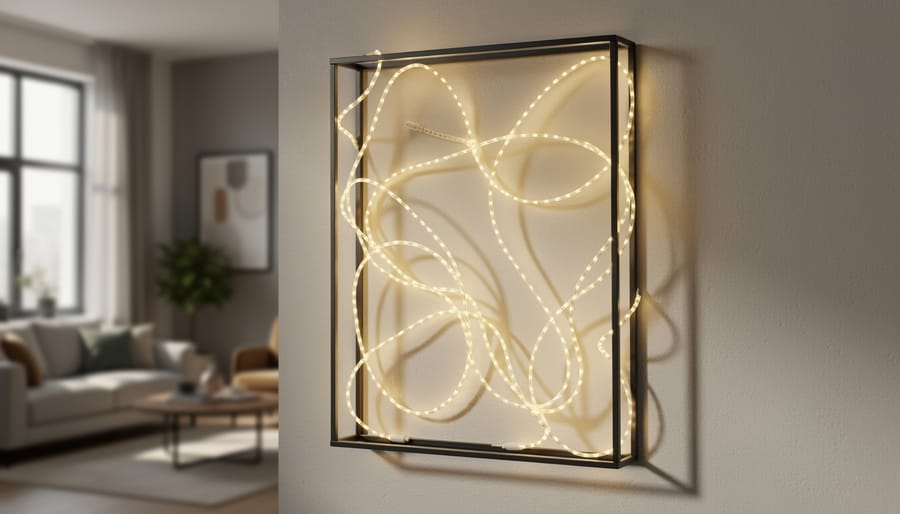 Warm glowing string light frame mounted outdoors on a wall in a Halloween setup