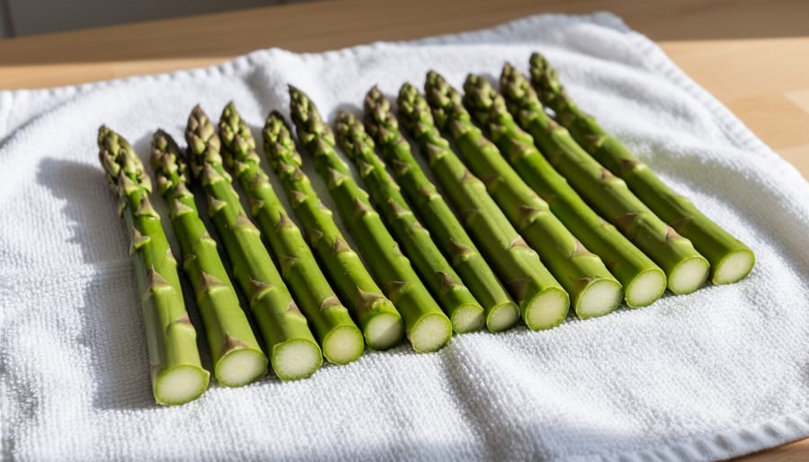Freshly trimmed asparagus spears resting on a kitchen towel with clean cut ends.