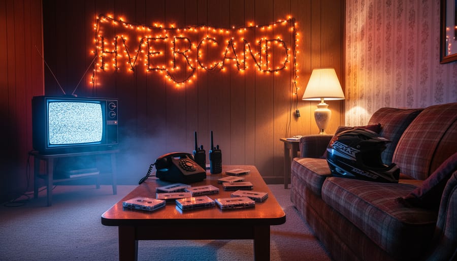 Living-room Halloween display with Upside Down, inspired glowing lights, a demogorgon figurine, and pumpkins in the background