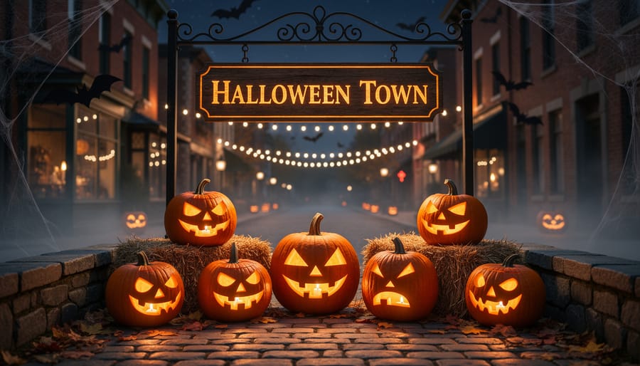 Spirit Halloween Welcome to Halloween Town sign with light-up pumpkins glowing outdoors at night.