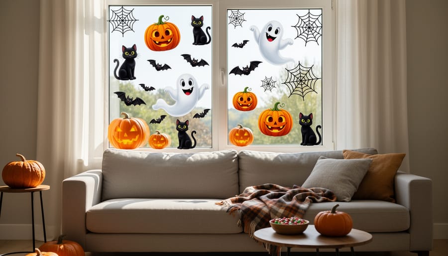 Indoor window Halloween scene using window clings with a hand adjusting the placement on the glass