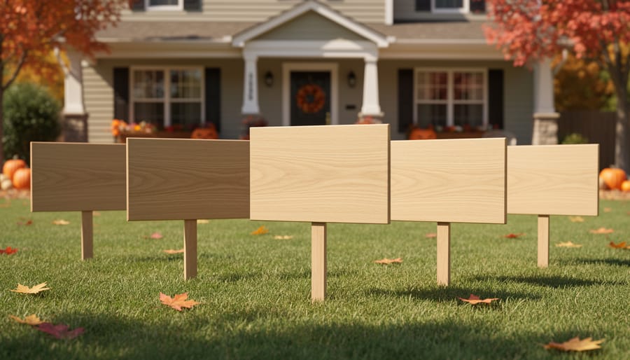 Wooden yard sign blanks being painted outdoors beside a tool bench