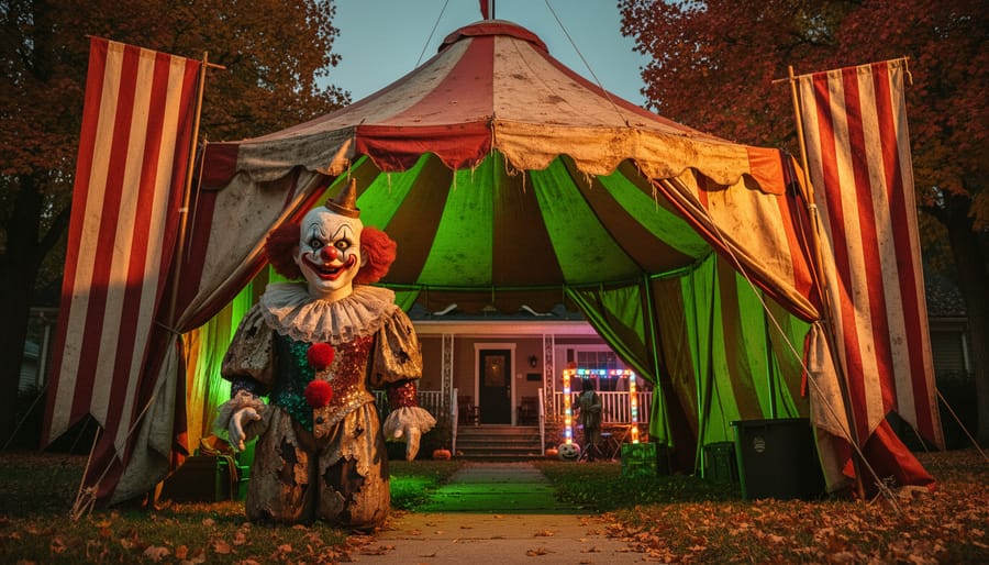 Vintage big top Halloween entrance with striped carnival banners and an oversized clown prop under eerie colored lights in an autumn front yard.