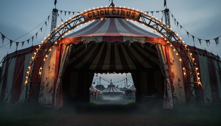 Red-and-white Halloween big top archway prop with striped canopy and faux supports in a yard at night
