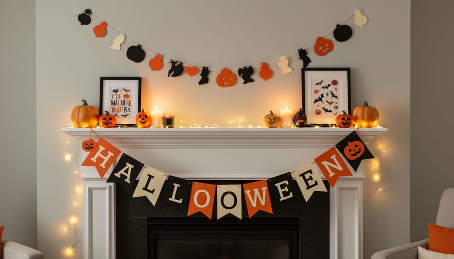 Indoor living room mantel decorated with Halloween felt banners and warm glowing string lights