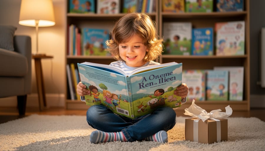 Child’s hands reading a personalized storybook at home.
