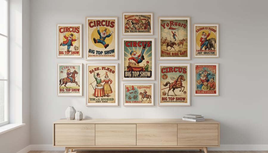 Vintage circus Halloween posters mounted on a wall near an entryway