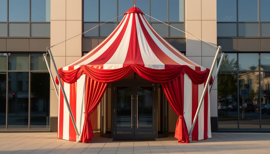 Circus tent entrance canopy over a Halloween doorway with red-and-cream striped fabric