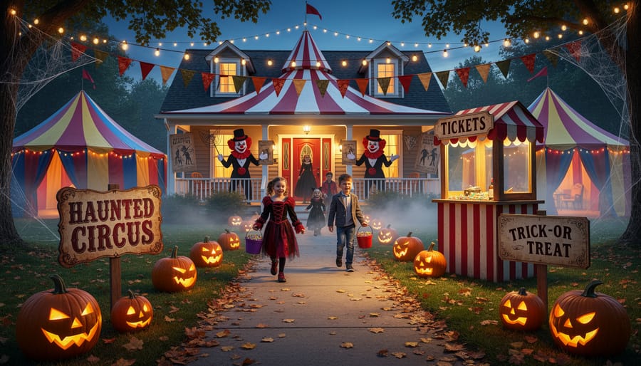 Full Halloween haunted circus display with big-top archway, banners, clown prop, tent entrance, carnival lights, posters, and ringmaster statue