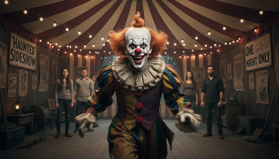 Creepy clown animatronic in Halloween carnival decor at night