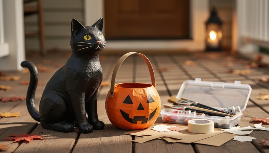 Paper mache black cat and pumpkin candy bucket on a wooden porch beside a DIY craft kit with paintbrushes and tape, photographed in soft autumn daylight.