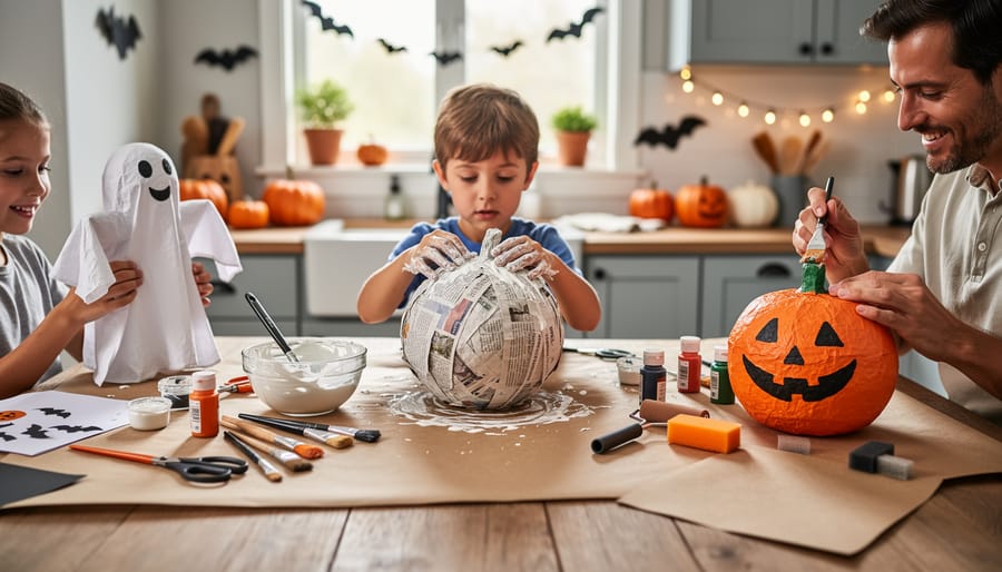 Family members working on DIY paper mache Halloween craft with newspaper strips and paste on a balloon