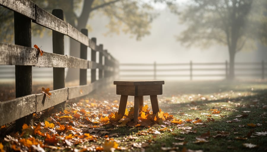 Foggy outdoor yard scene with a weathered fence and a distant Michael Myers display silhouette.