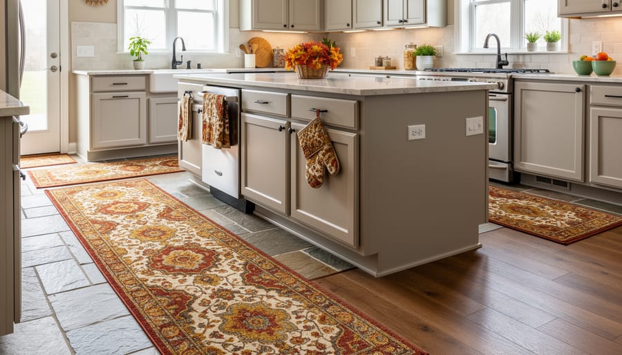 Flannel Halloween rug and kitchen mat with ghost and pumpkin designs on a tile floor