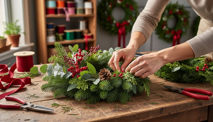 Gloved hands arranging pine and eucalyptus stems into a wreath form with twine and pruning tools nearby.