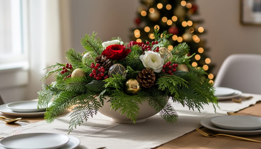 Holiday greenery centerpiece on a dining table with pine, fir, cedar, eucalyptus, and holly berries in a vase.