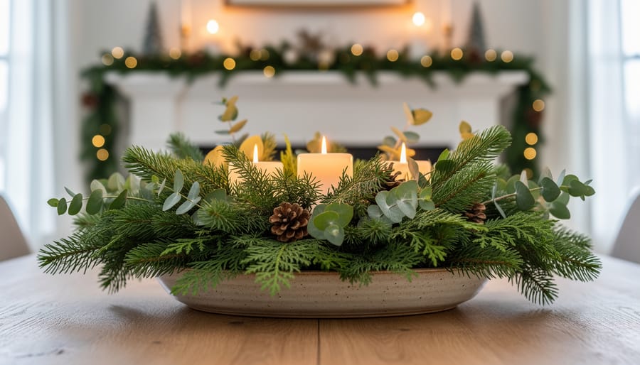 Fresh pine, fir, and cedar holiday greenery centerpiece with pinecones on a dining table under warm candlelight.