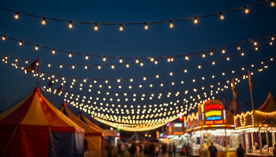 Warm LED carnival string lights wrapped around Halloween circus decorations at night