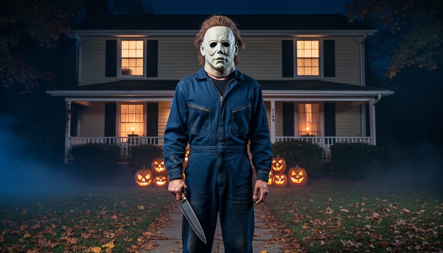 Life-size Michael Myers animatronic on a front porch at night under blue lighting and fog.