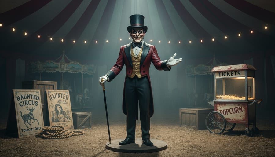 Life-size ringmaster statue with top hat and ornate coat in Halloween circus display at night