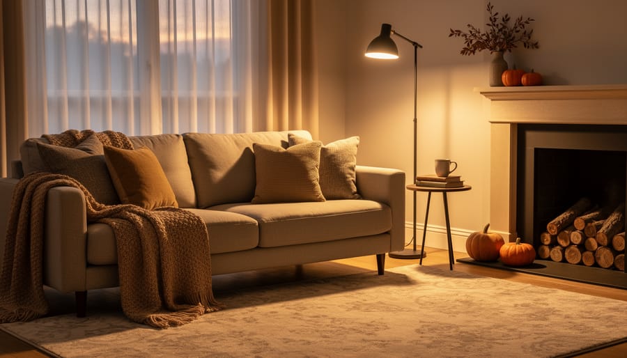 Cozy living room with a sofa layered with knit throws and pillows, a soft rug, warm floor lamp light, and a fireplace hearth setting the mood for cool evenings.