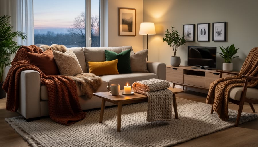 Sofa in a living room styled with layered throws and pillows and a soft area rug for cozy cool evenings