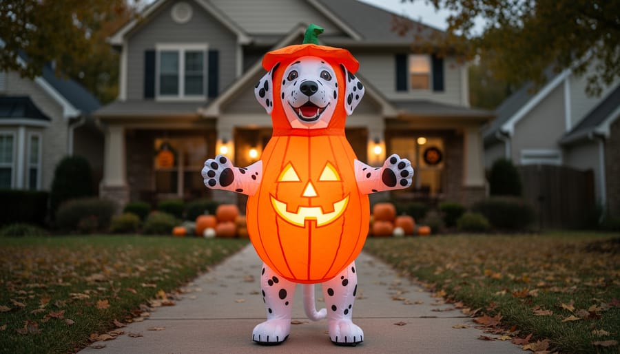 Tall Marshall airblown inflatable in a pumpkin costume glowing in an outdoor yard setting