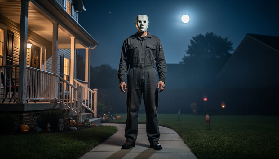 Low-angle view of a Michael Myers animatronic in a dark suburban front yard, lit by an eerie porch light with shadows stretching across the porch and walkway.