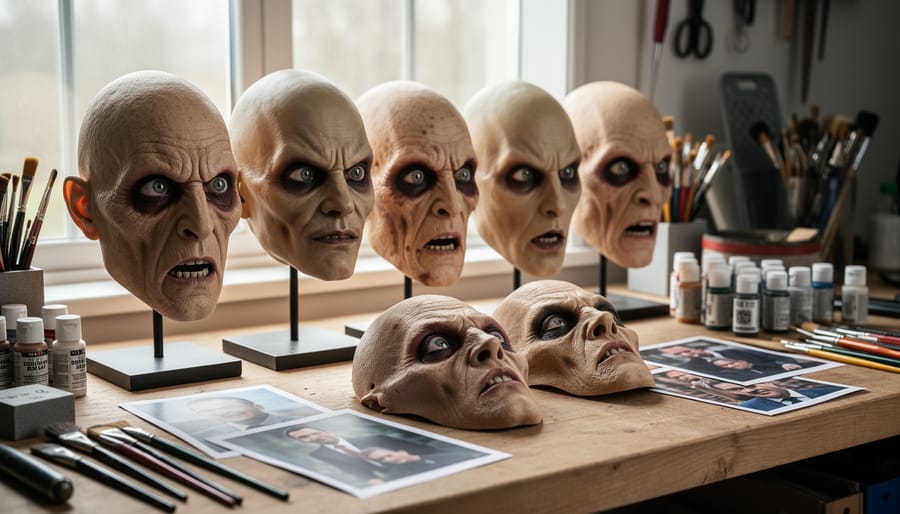 Close-up of a Michael Myers replica mask displayed on a mannequin in a dim hallway.