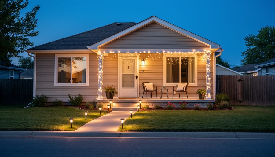 Outdoor porch decorated with warm Halloween string lights wrapped around railing