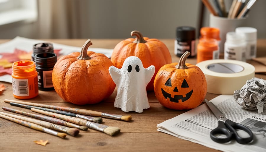 Paper mache jack-o'-lantern and black cat decorations with paint jars and brushes on a wooden table