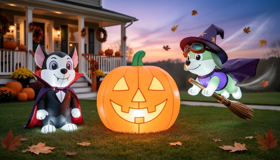 Lit PAW Patrol Halloween inflatable decoration with characters including vampire Chase and witch Skye in a decorated front yard at dusk