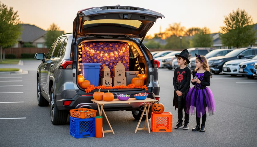 Portable PAW Patrol trunk or treat kit set up next to an open car trunk